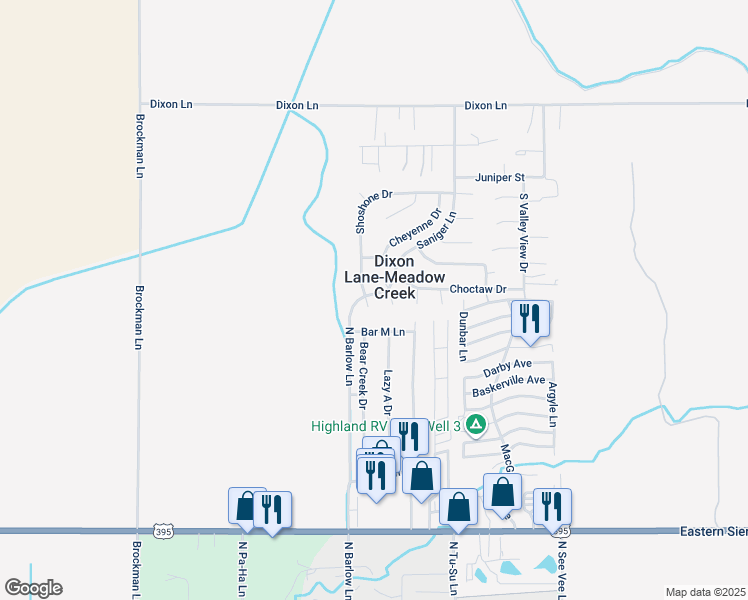map of restaurants, bars, coffee shops, grocery stores, and more near 2551 Bar M Ln in Bishop