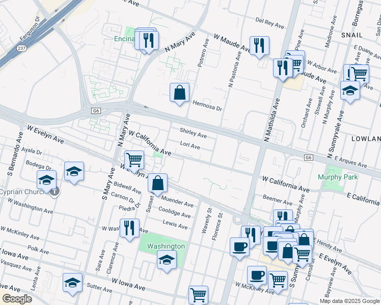 map of restaurants, bars, coffee shops, grocery stores, and more near 150 Pasito Terrace in Sunnyvale
