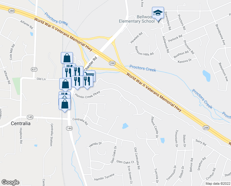 map of restaurants, bars, coffee shops, grocery stores, and more near 3813 Hamlin Creek Parkway in Chester
