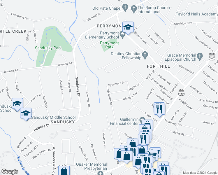 map of restaurants, bars, coffee shops, grocery stores, and more near 4928 Sycamore Place in Lynchburg