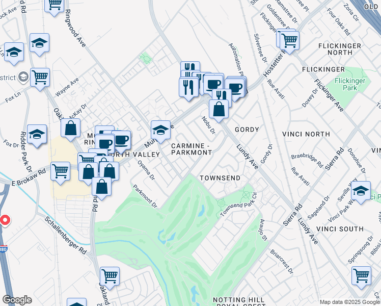 map of restaurants, bars, coffee shops, grocery stores, and more near 1609 Mission Springs Circle in San Jose