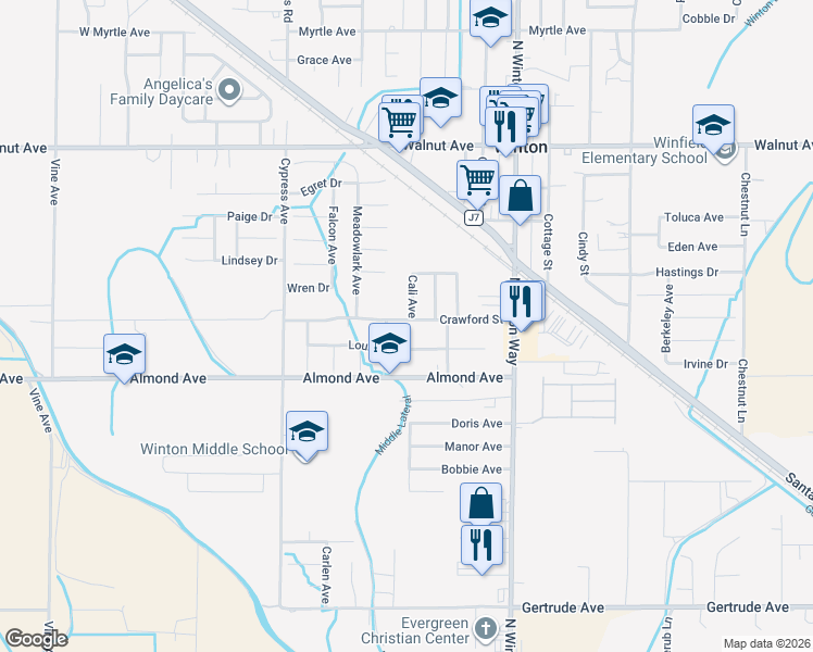 map of restaurants, bars, coffee shops, grocery stores, and more near 6665 Cali Avenue in Winton