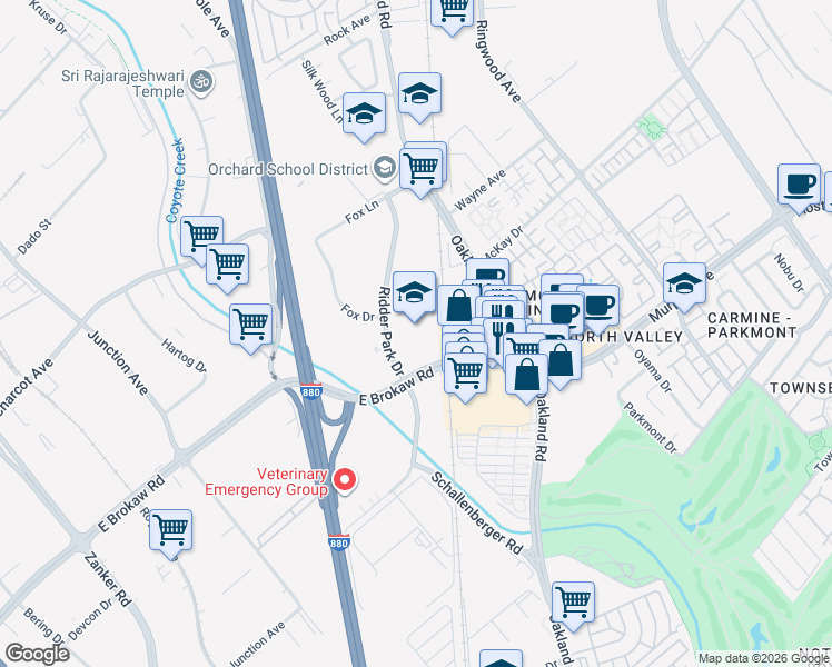 map of restaurants, bars, coffee shops, grocery stores, and more near 1290 Ridder Park Drive in San Jose