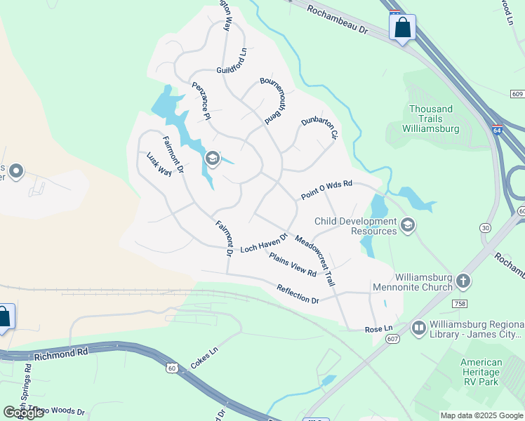 map of restaurants, bars, coffee shops, grocery stores, and more near 8527 Ashington Way in Williamsburg