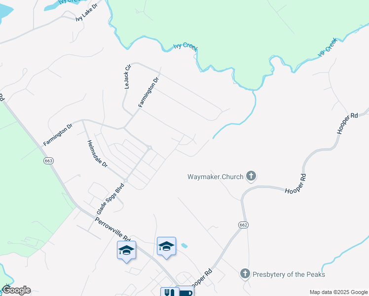 map of restaurants, bars, coffee shops, grocery stores, and more near 1608 Farmington Drive in Forest
