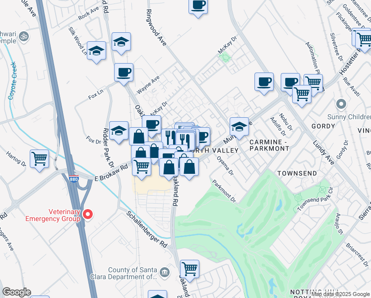 map of restaurants, bars, coffee shops, grocery stores, and more near 1298 Oak Lake Court in San Jose