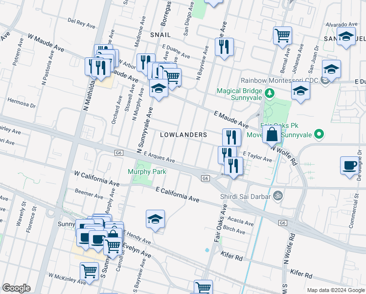 map of restaurants, bars, coffee shops, grocery stores, and more near 355 Morse Avenue in Sunnyvale