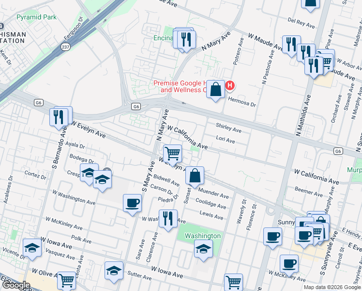 map of restaurants, bars, coffee shops, grocery stores, and more near 972 Belmont Terrace in Sunnyvale