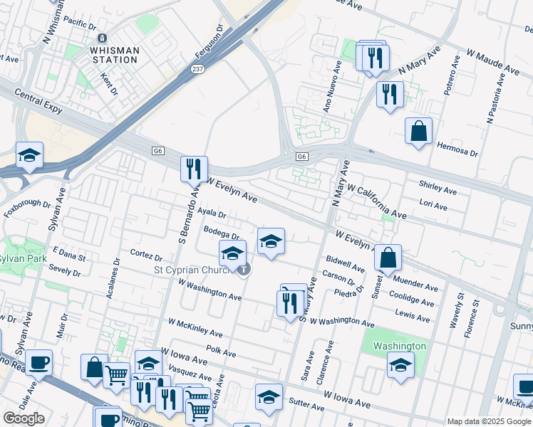 map of restaurants, bars, coffee shops, grocery stores, and more near 1108 West Evelyn Avenue in Sunnyvale