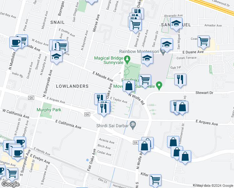 map of restaurants, bars, coffee shops, grocery stores, and more near 429 San Eduardo Terrace in Sunnyvale