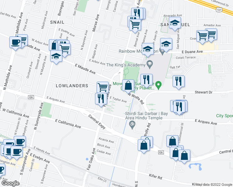 map of restaurants, bars, coffee shops, grocery stores, and more near 495 North Wolfe Road in Sunnyvale