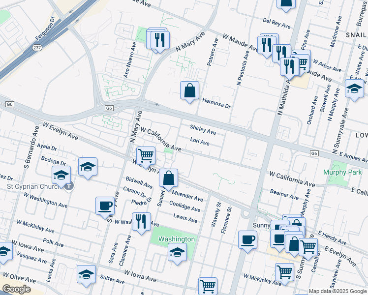 map of restaurants, bars, coffee shops, grocery stores, and more near in Sunnyvale
