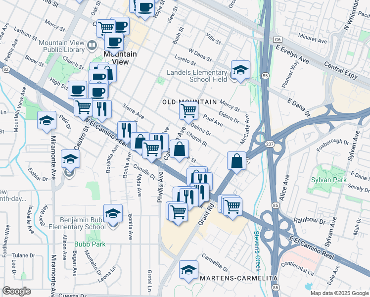 map of restaurants, bars, coffee shops, grocery stores, and more near 725 Calderon Avenue in Mountain View