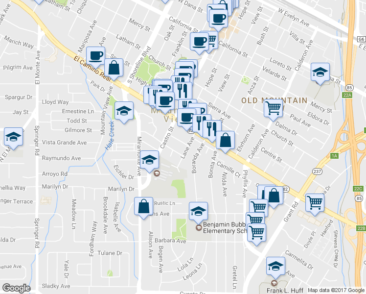 map of restaurants, bars, coffee shops, grocery stores, and more near 690 Victor Way in Mountain View