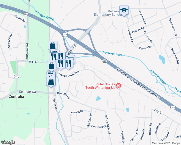map of restaurants, bars, coffee shops, grocery stores, and more near 3813 Hamlin Creek Parkway in Chester