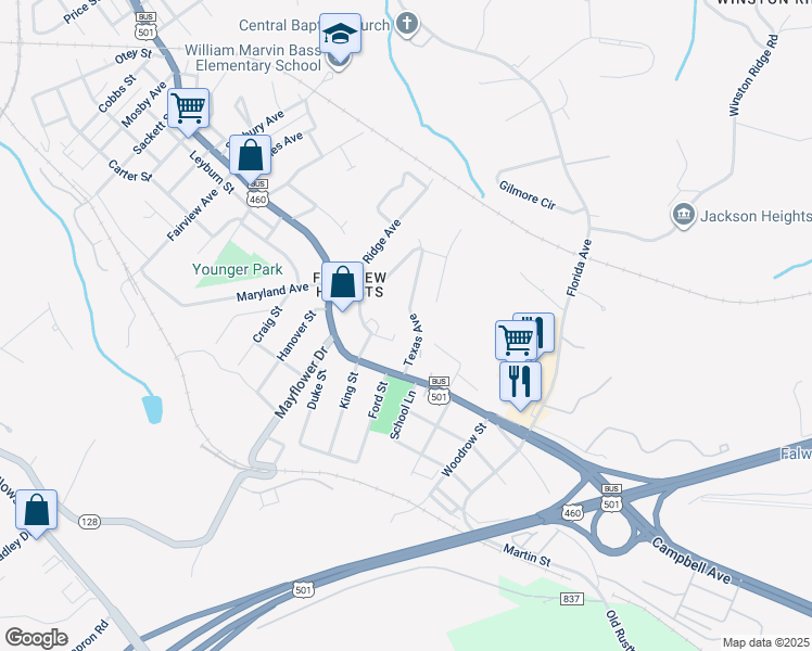 map of restaurants, bars, coffee shops, grocery stores, and more near 1725 Texas Avenue in Lynchburg