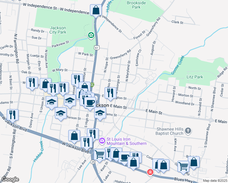 map of restaurants, bars, coffee shops, grocery stores, and more near 311 North Georgia Street in Jackson