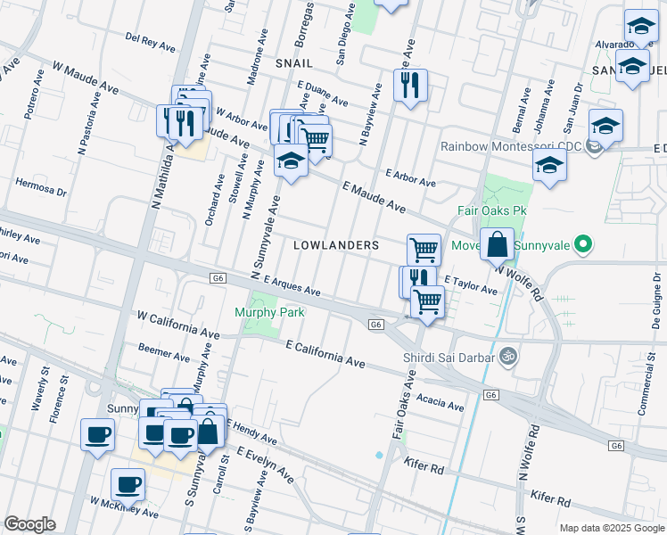 map of restaurants, bars, coffee shops, grocery stores, and more near 355 Morse Avenue in Sunnyvale