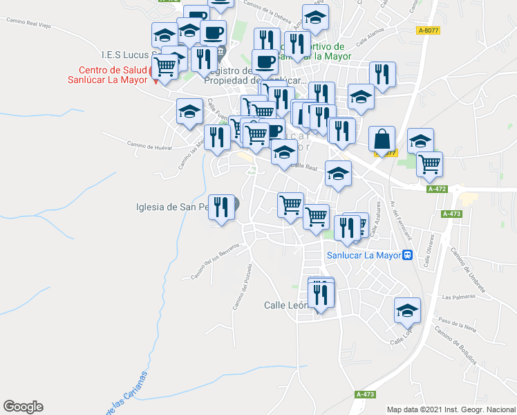 map of restaurants, bars, coffee shops, grocery stores, and more near 1 Calle Marquesa Viuda del Saltillo in Sanlúcar la Mayor