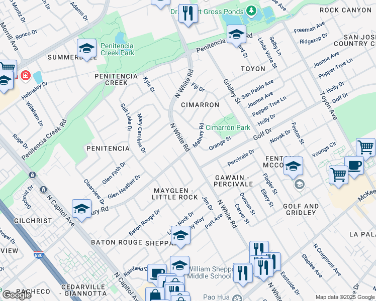 map of restaurants, bars, coffee shops, grocery stores, and more near Mabury Road & North White Road in San Jose