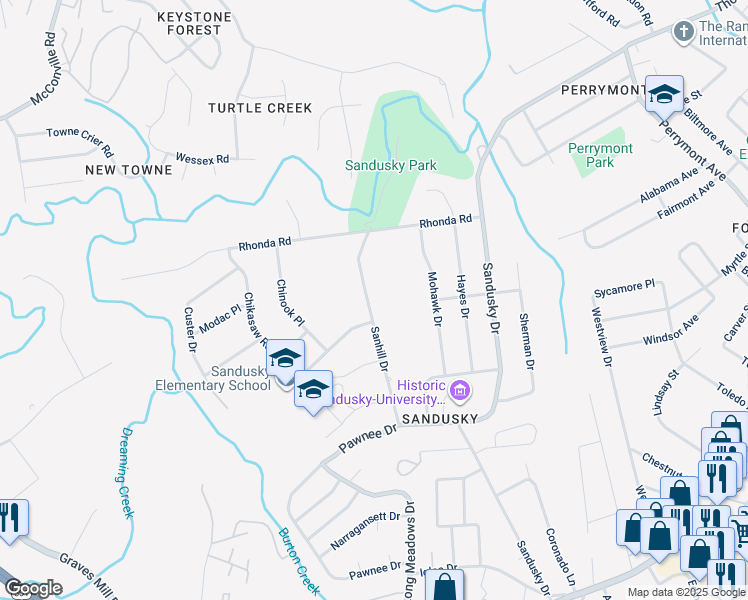 map of restaurants, bars, coffee shops, grocery stores, and more near 728 Sanhill Drive in Lynchburg