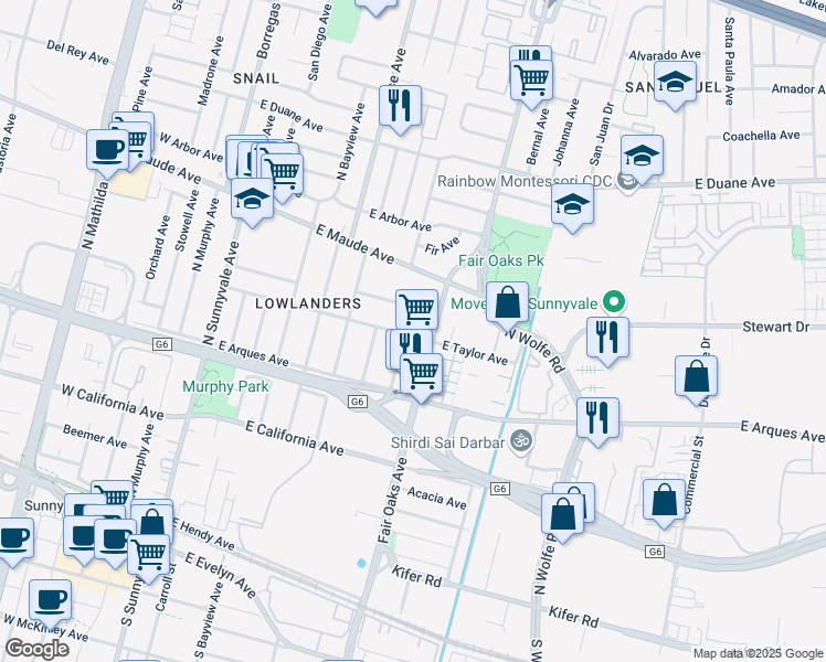 map of restaurants, bars, coffee shops, grocery stores, and more near 577 East Taylor Avenue in Sunnyvale