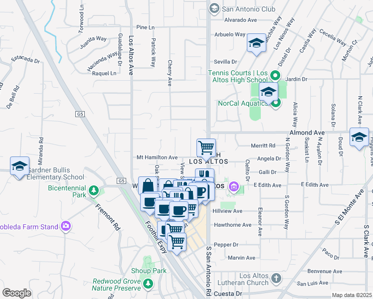 map of restaurants, bars, coffee shops, grocery stores, and more near 130 Garland Way in Los Altos