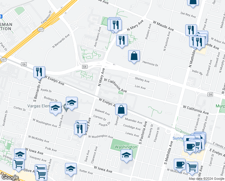 map of restaurants, bars, coffee shops, grocery stores, and more near 972 Belmont Terrace in Sunnyvale