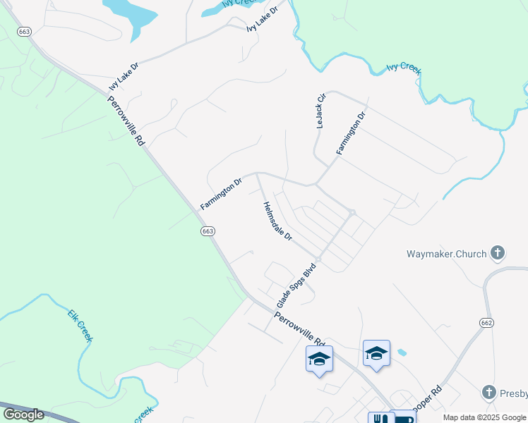 map of restaurants, bars, coffee shops, grocery stores, and more near 1100 Helmsdale Drive in Forest