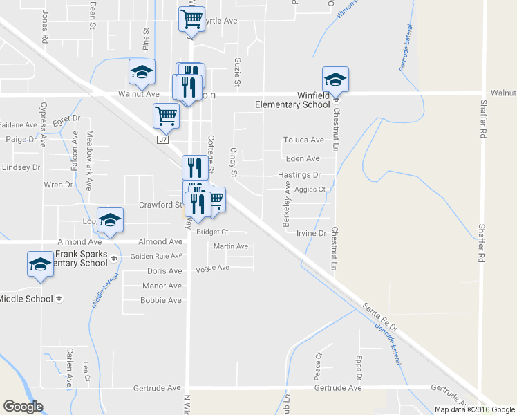 map of restaurants, bars, coffee shops, grocery stores, and more near 6617 California Street in Winton