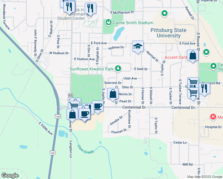 map of restaurants, bars, coffee shops, grocery stores, and more near 406 Ohio Street in Pittsburg