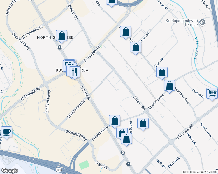 map of restaurants, bars, coffee shops, grocery stores, and more near 128 Component Drive in San Jose