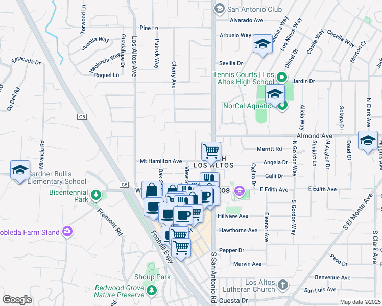 map of restaurants, bars, coffee shops, grocery stores, and more near 130 Garland Way in Los Altos