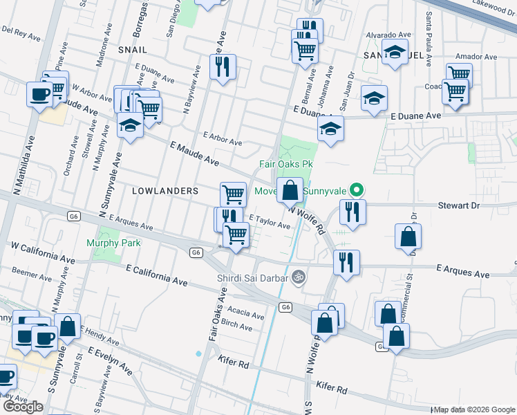 map of restaurants, bars, coffee shops, grocery stores, and more near Santo Domingo Terrace in Sunnyvale