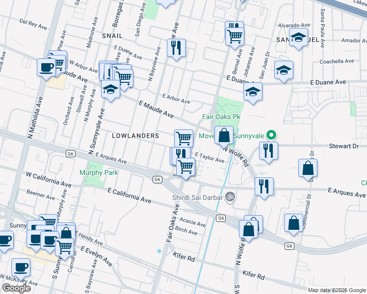 map of restaurants, bars, coffee shops, grocery stores, and more near 577 East Taylor Avenue in Sunnyvale