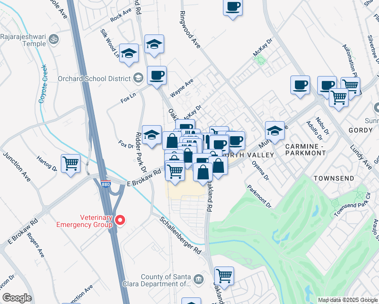 map of restaurants, bars, coffee shops, grocery stores, and more near 1055 East Brokaw Road in San Jose