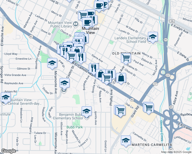 map of restaurants, bars, coffee shops, grocery stores, and more near El Camino Real & Bonita Ave in Mountain View