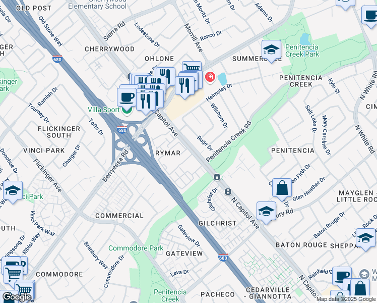 map of restaurants, bars, coffee shops, grocery stores, and more near 1055 North Capitol Avenue in San Jose