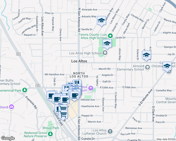 map of restaurants, bars, coffee shops, grocery stores, and more near 71 Cody Lane in Los Altos
