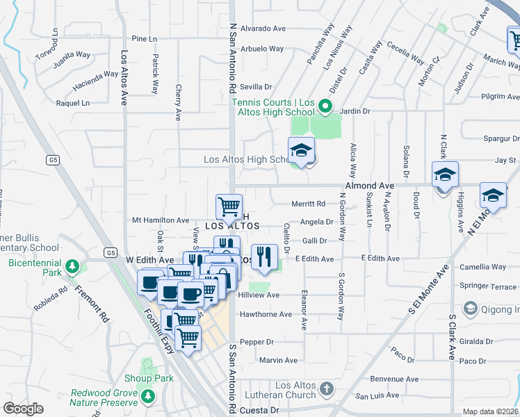 map of restaurants, bars, coffee shops, grocery stores, and more near 71 Cody Lane in Los Altos