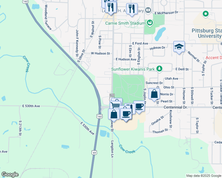 map of restaurants, bars, coffee shops, grocery stores, and more near 100 West Mead Street in Pittsburg