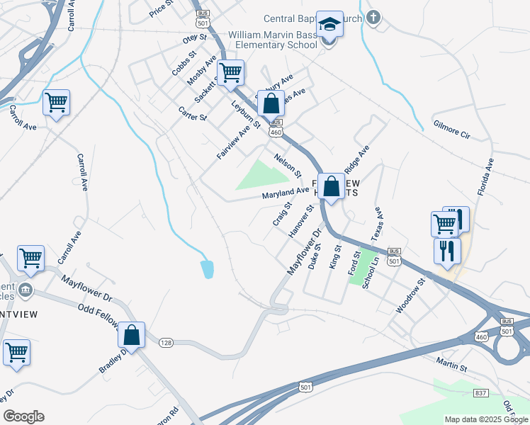 map of restaurants, bars, coffee shops, grocery stores, and more near 2202 Haden Street in Lynchburg