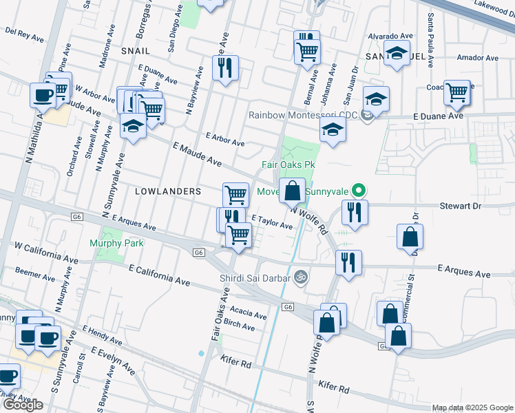map of restaurants, bars, coffee shops, grocery stores, and more near Santo Domingo Terrace in Sunnyvale