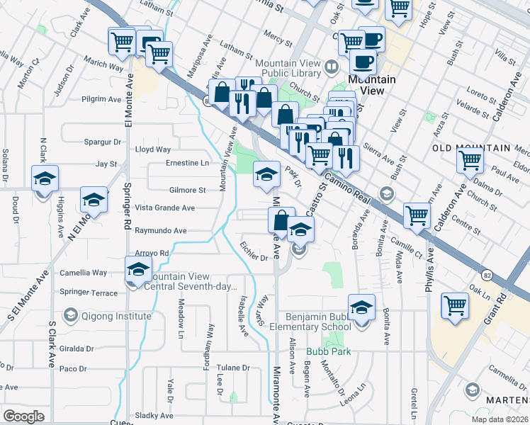 map of restaurants, bars, coffee shops, grocery stores, and more near 929 Rincon Street in Mountain View