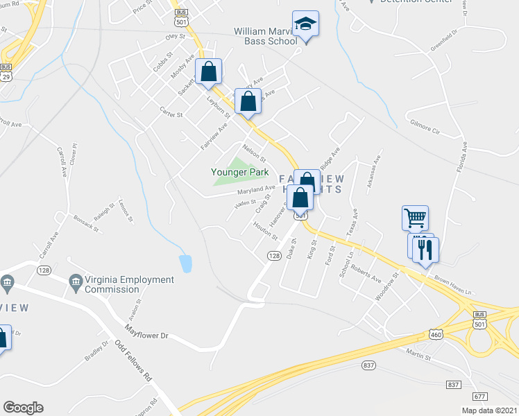 map of restaurants, bars, coffee shops, grocery stores, and more near 2117 Craig Street in Lynchburg