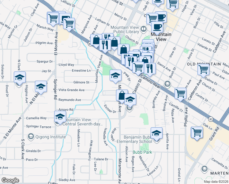 map of restaurants, bars, coffee shops, grocery stores, and more near 929 Rincon Street in Mountain View