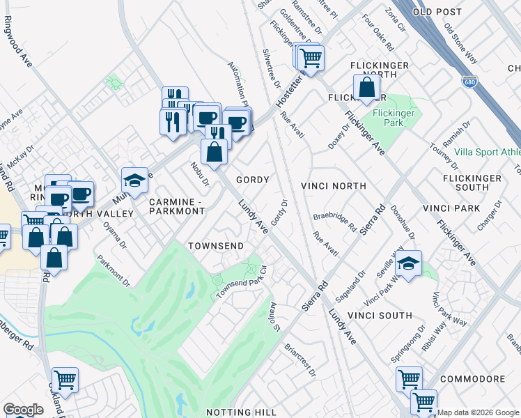 map of restaurants, bars, coffee shops, grocery stores, and more near 1511 Williamsport Drive in San Jose