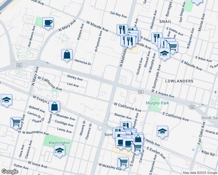 map of restaurants, bars, coffee shops, grocery stores, and more near Central Expressway in Sunnyvale