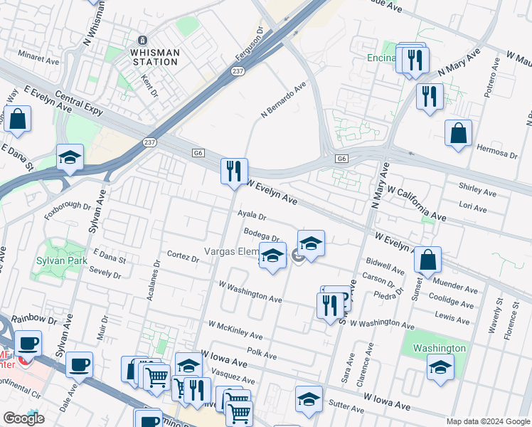 map of restaurants, bars, coffee shops, grocery stores, and more near 1140 West Evelyn Avenue in Sunnyvale