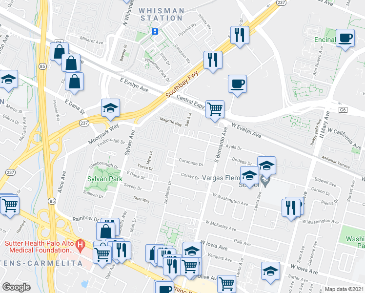 map of restaurants, bars, coffee shops, grocery stores, and more near 140 Acalanes Drive in Sunnyvale